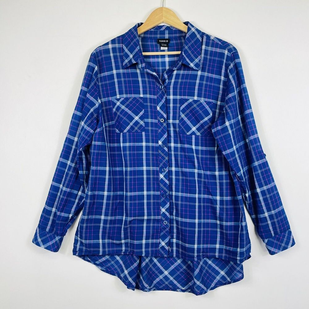 Torrid Womens 0 Large Blue Plaid Blouse Western Rodeo Flare Hem Farmcore Country